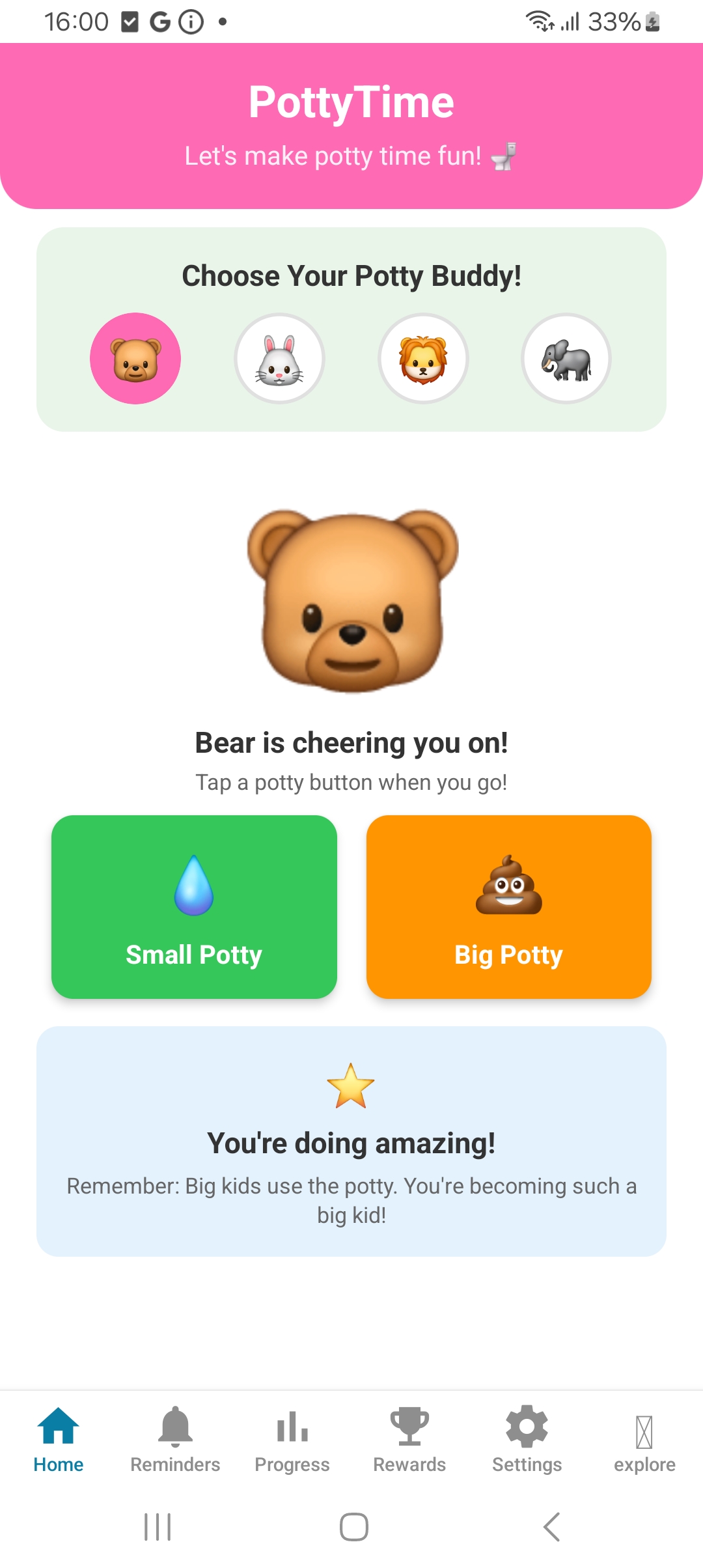 PottyTime App Home Screen
